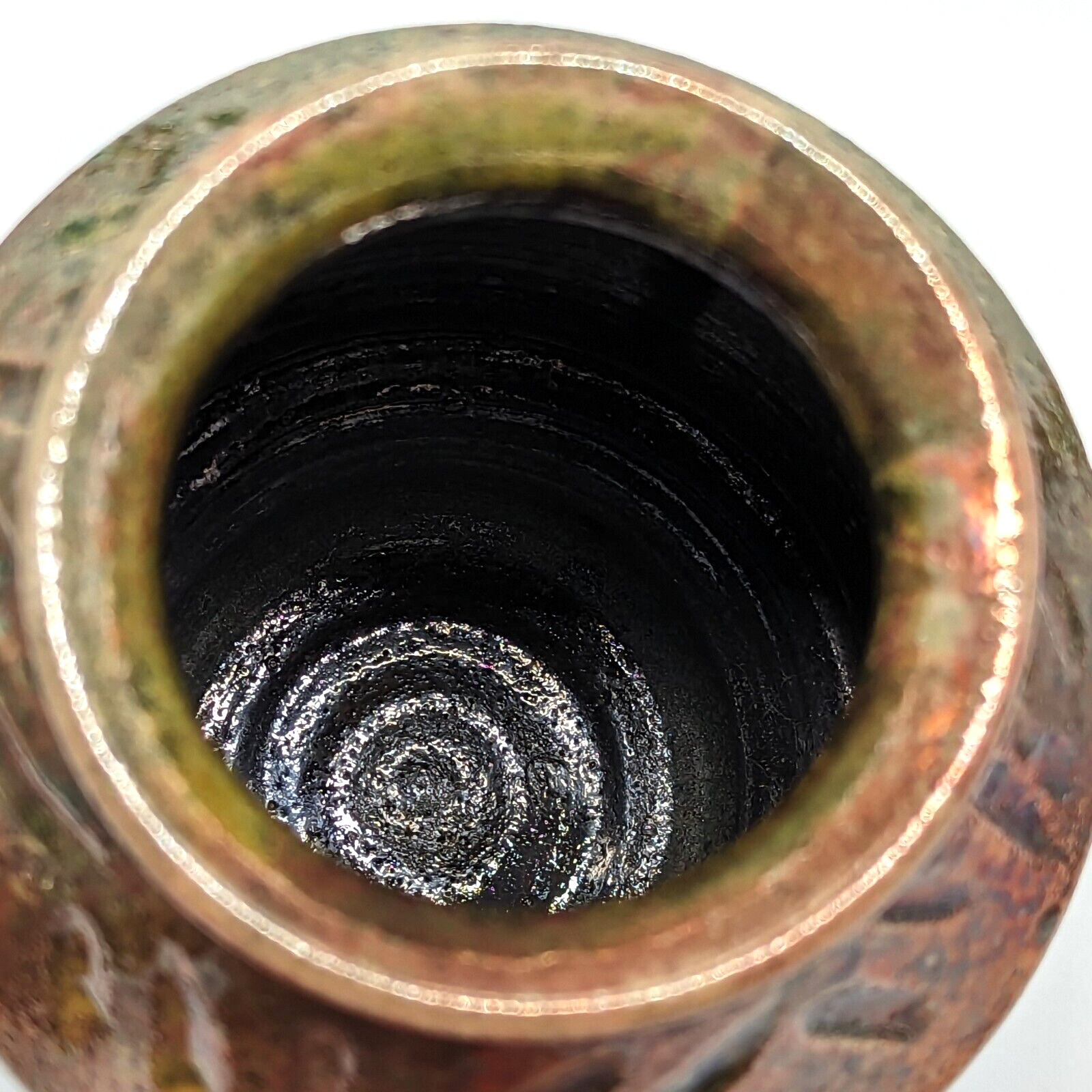 Iridescent Metallic Raku Vase Textured Nature Green Red Glaze Studio Art Pottery