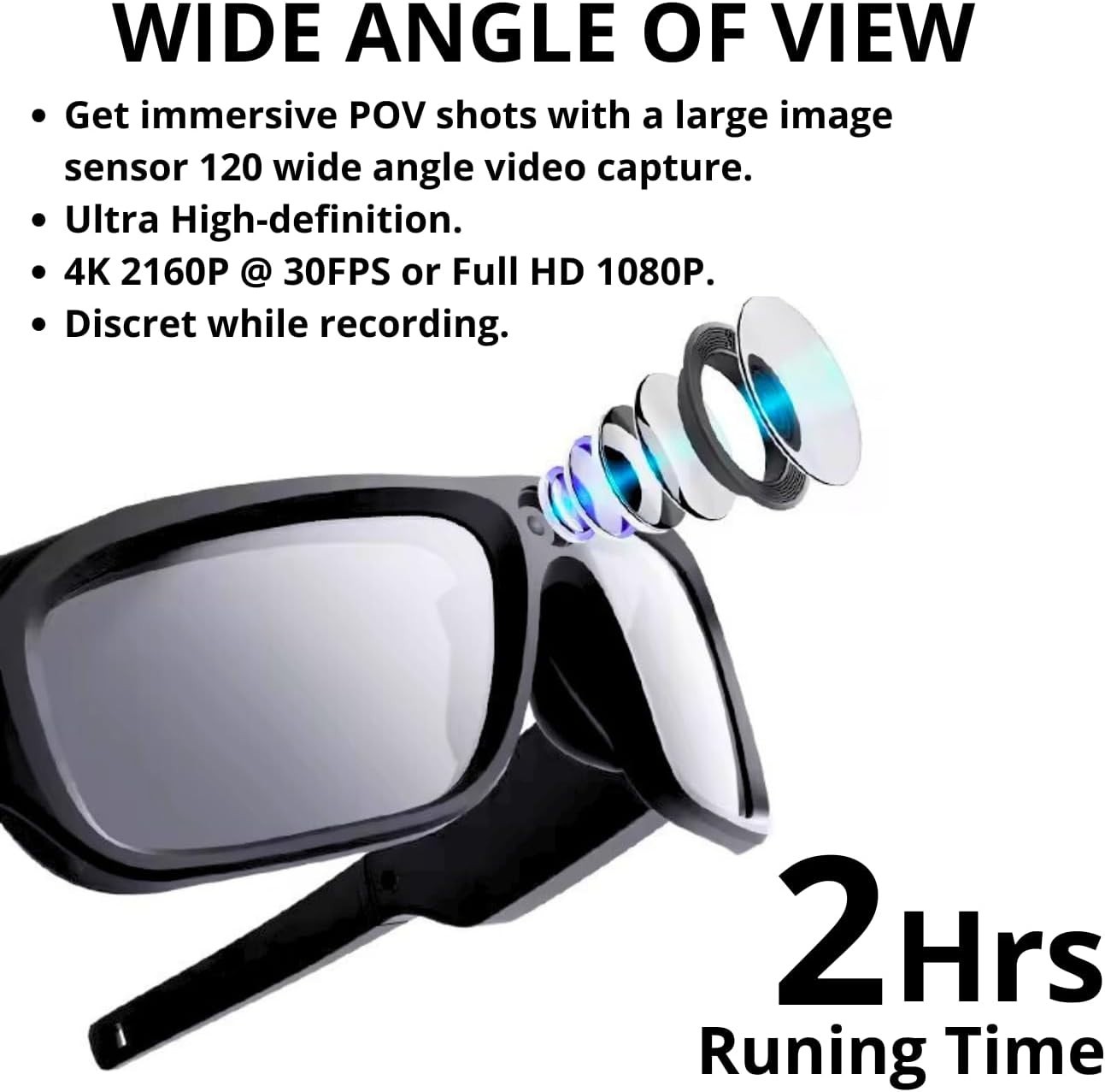 4k Camera Glasses for Action Sports, HD Video Recording Glasses with 128GB