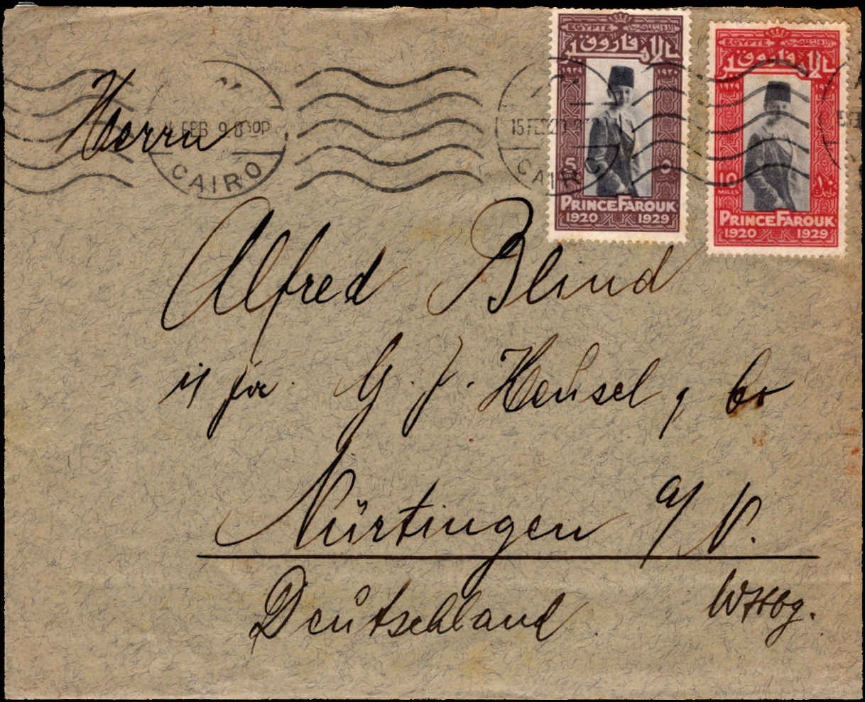 Egypt 1929 Cover Cairo to Germany Prince Farouk 5m & 10m Pair