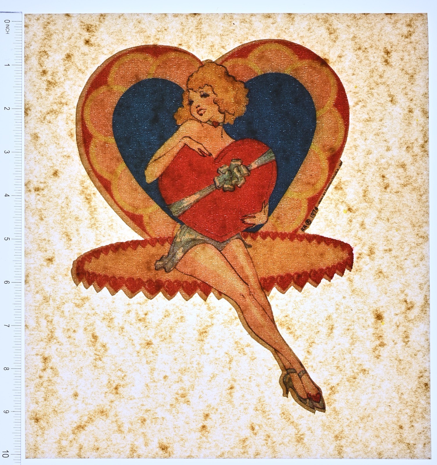 Original VINTAGE 1970s Heat Transfer | Pinup Girl Holding Heart Retro Valentine
