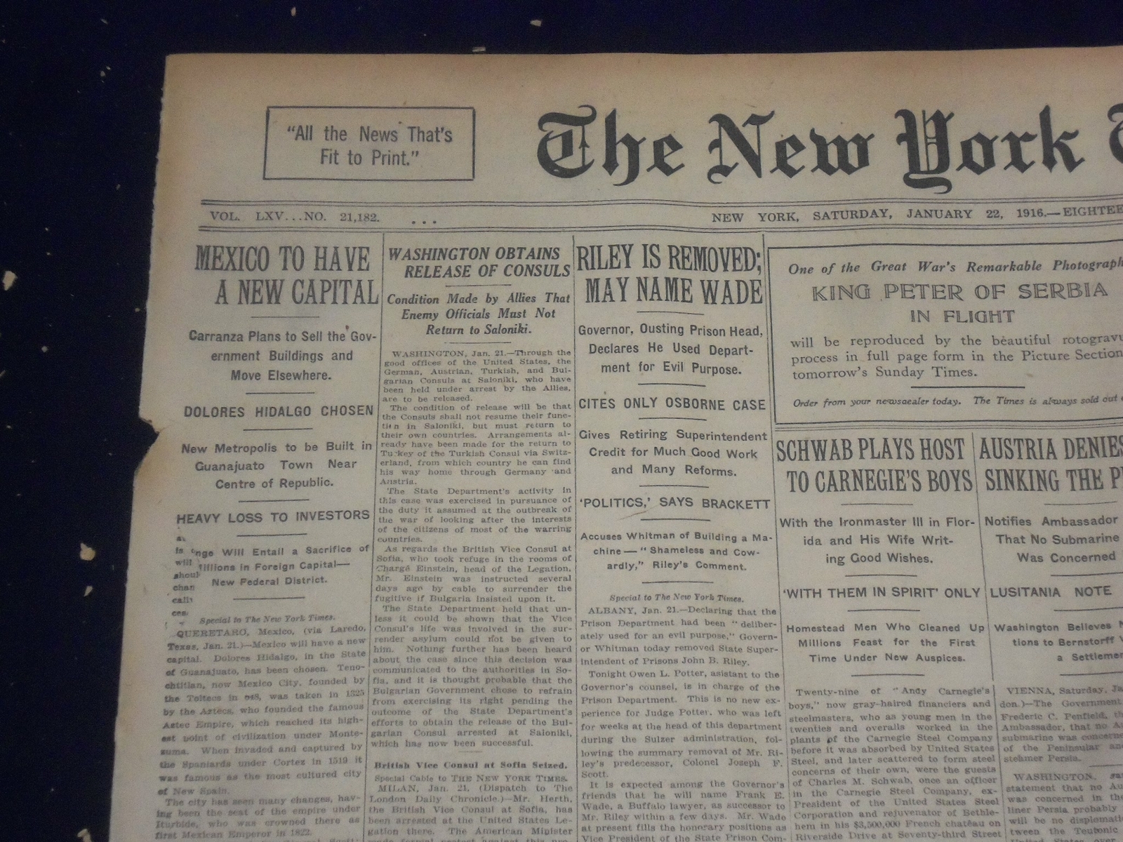 1916 JANUARY 22 NEW YORK TIMES - MEXICO TO HAVE A NEW CAPITAL - NT 9069