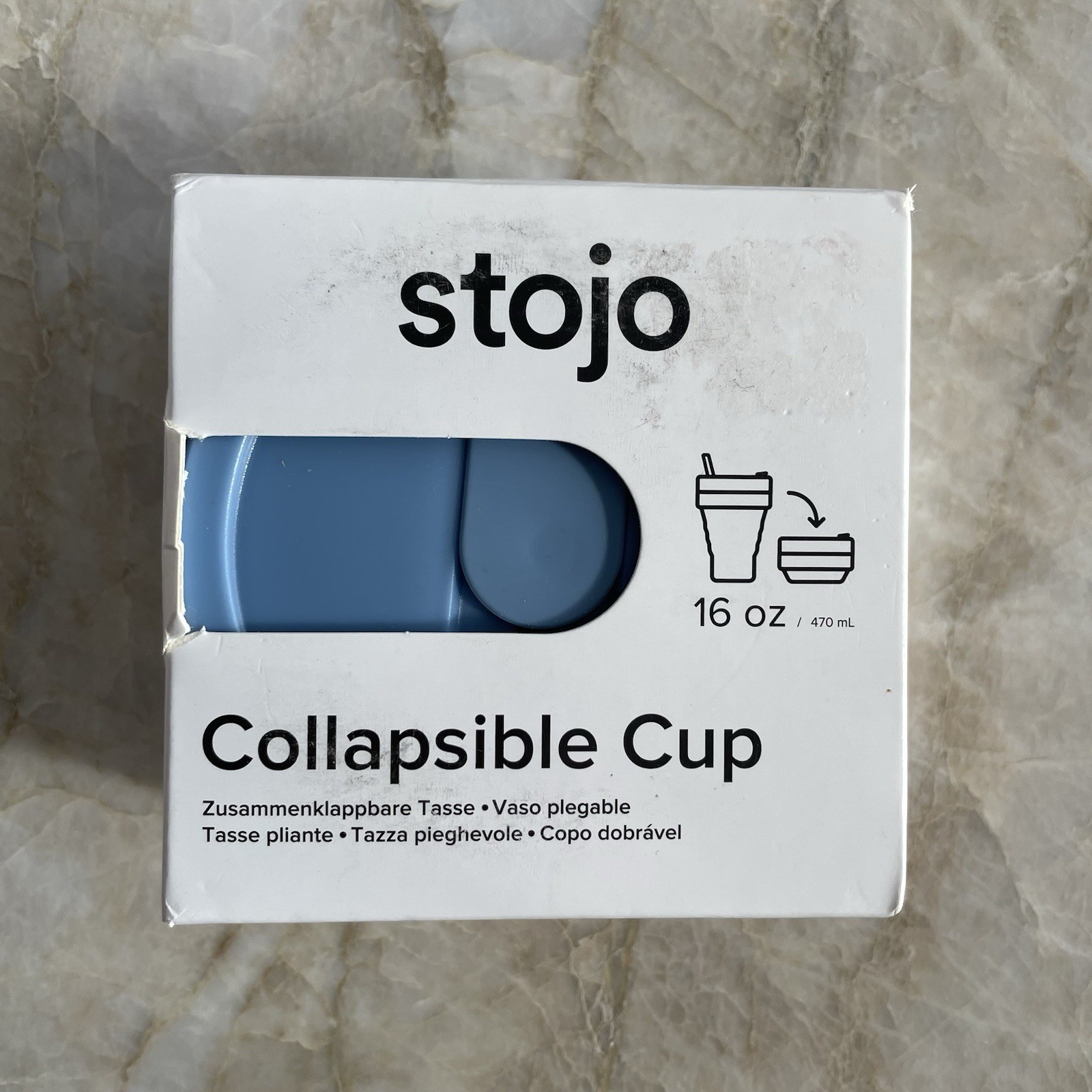 Stojo Collapsible Cup 16oz New Blue Hot or Cold Reusable Silicone Travel Camp
