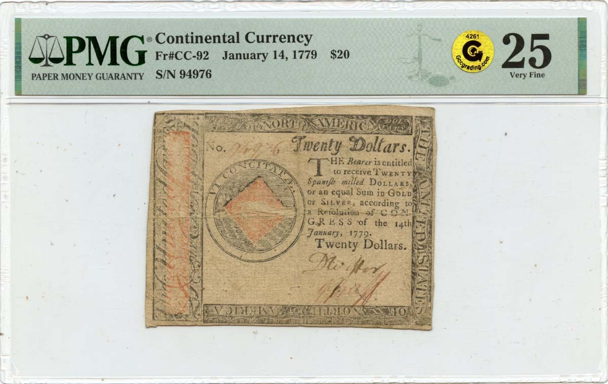 1779 January 14, $20 Continental Currency FR#CC-92 PMG VF25 GCC Gold