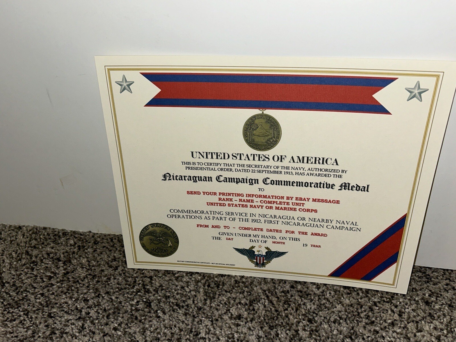 NICARAGUAN CAMPAIGN (NAVY) COMMEMORATIVE MEDAL CERTIFICATE ~ W/PRINTING TYPE-1