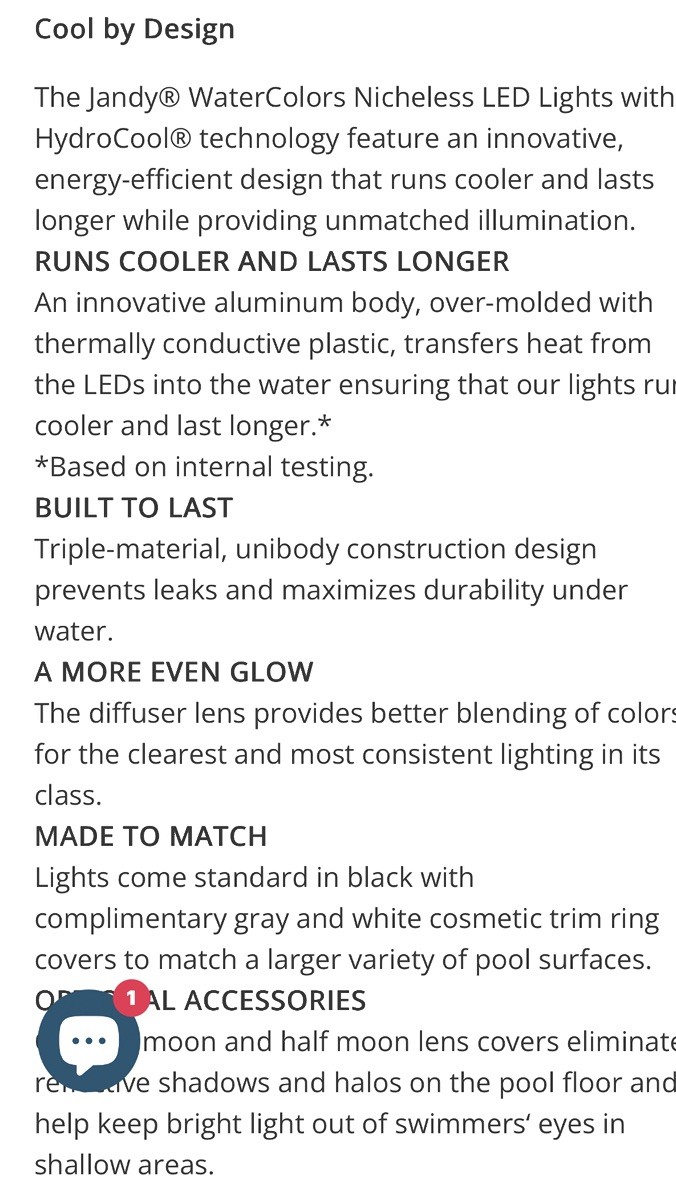 NEW Jandy Watercolors Nicheless LED Light JLU4C24W50H 24W H Series 50' Cord