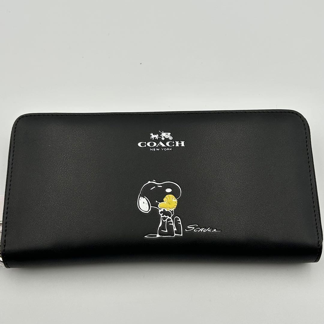 COACH x PEANUTS Long Wallet Snoopy Woodstock Leather Zip Black New F/S