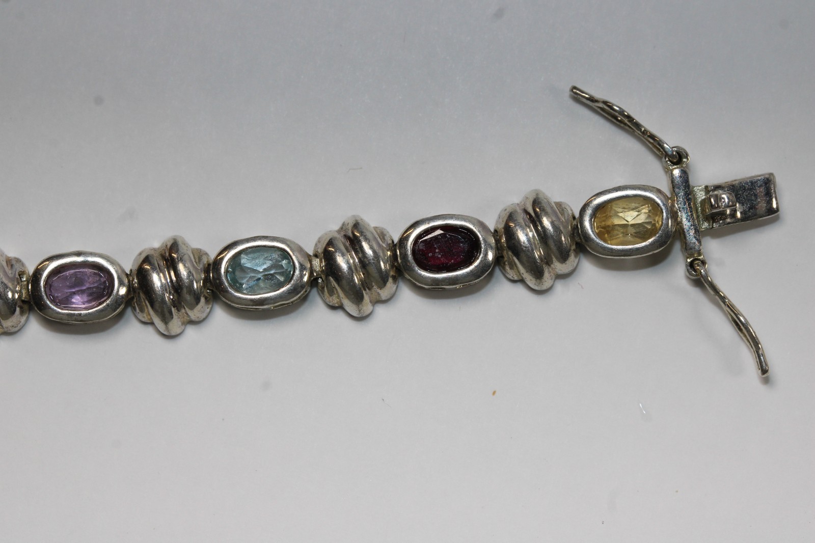 FAS Bracelet Multi Gemstone Tennis Vintage Sterling Silver 7" Chain #0085