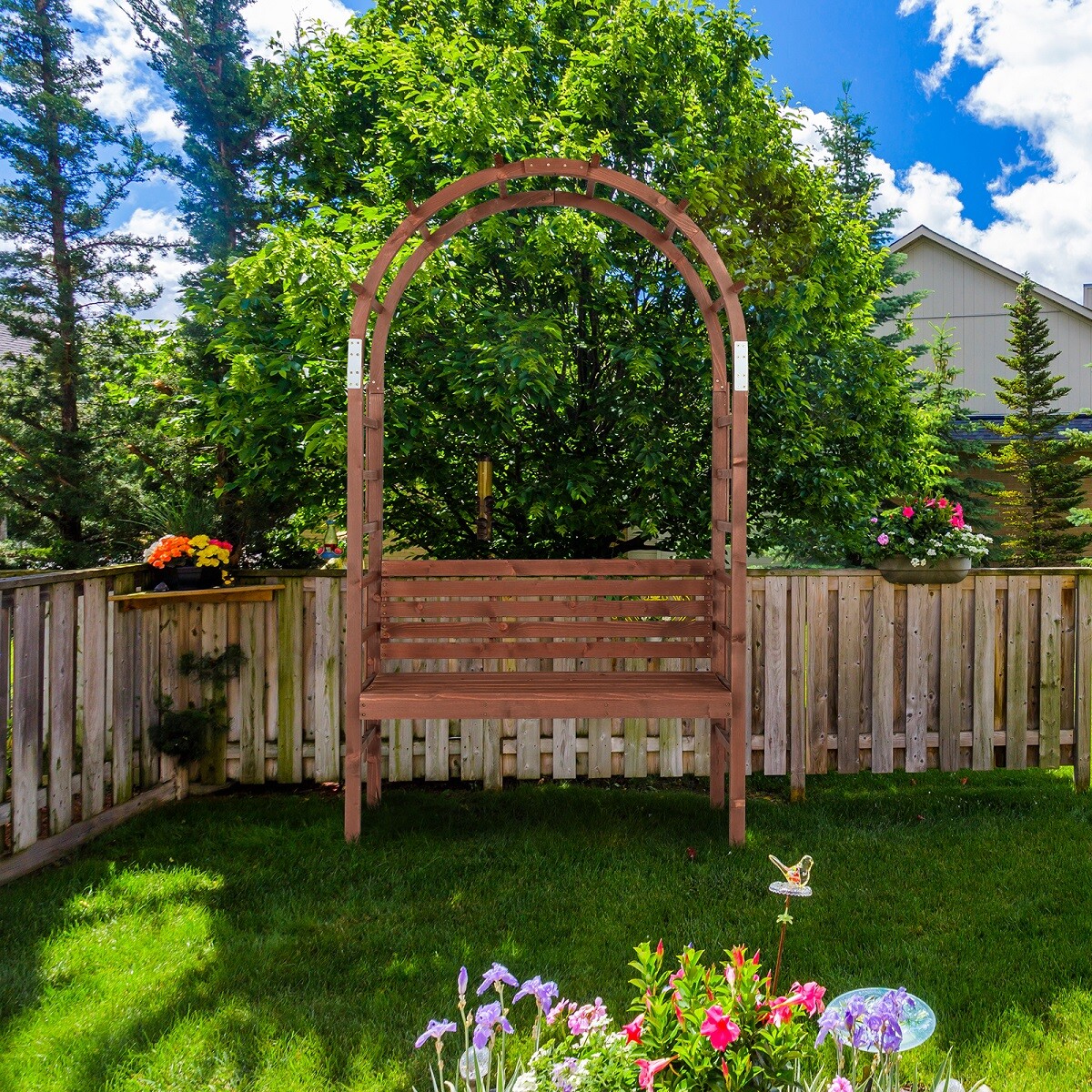 6.8FT Wooden Arch with Bench Garden Arbor Trellis for Climbing Plant Dark Brown