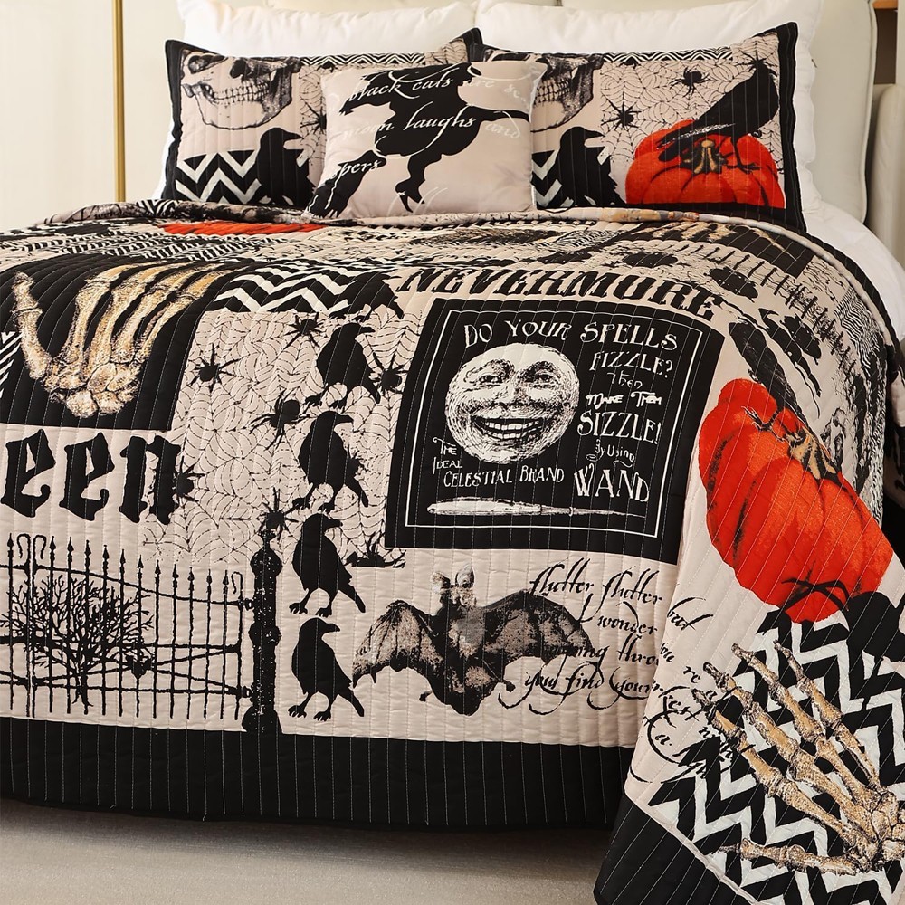 4 Piece Halloween Quilt Set Queen Size Bedspread Pumpkin Ghost Coverlet 90"x90"