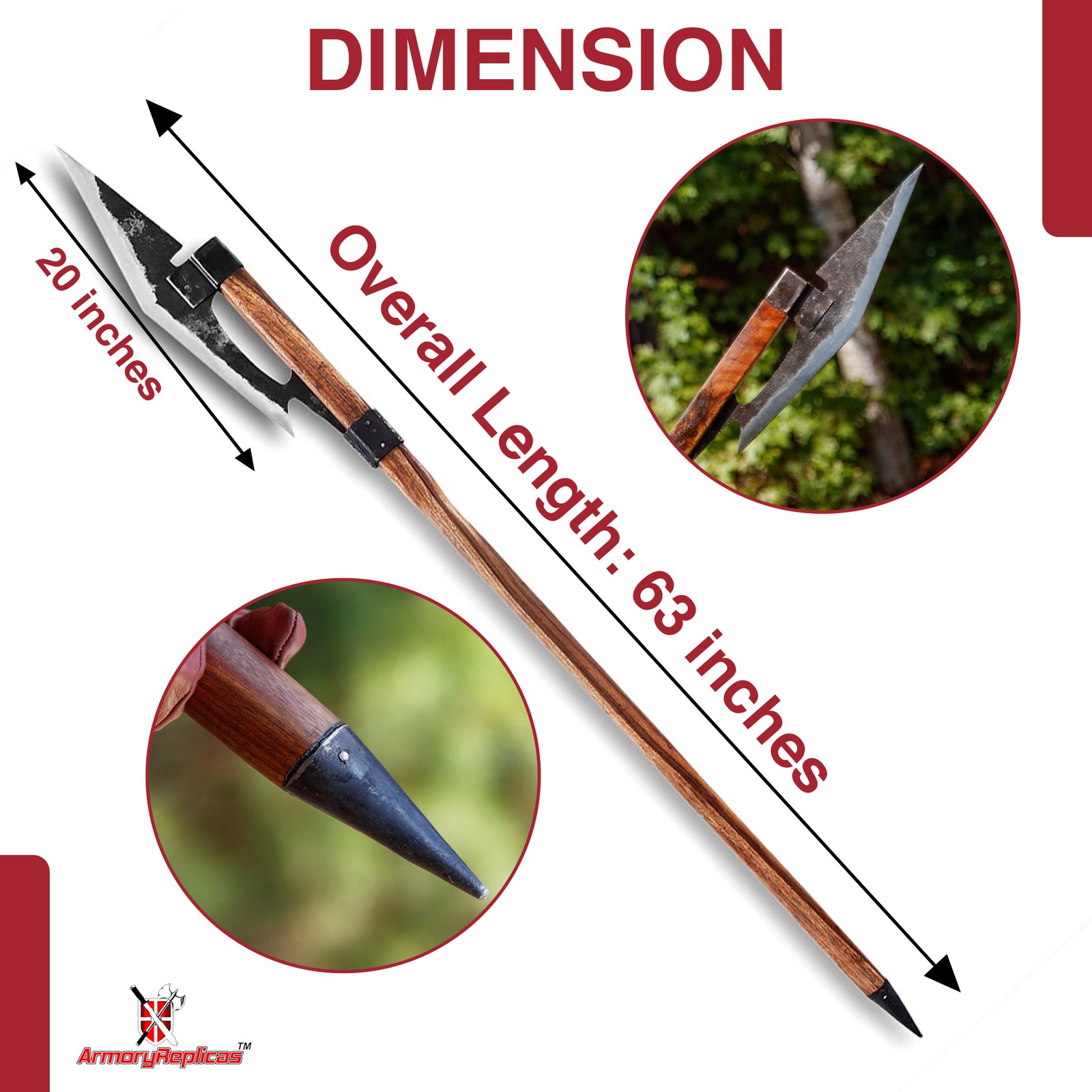 63" Medieval Battle Axe Polearm Forged Steel Full Size Weapon Viking Display
