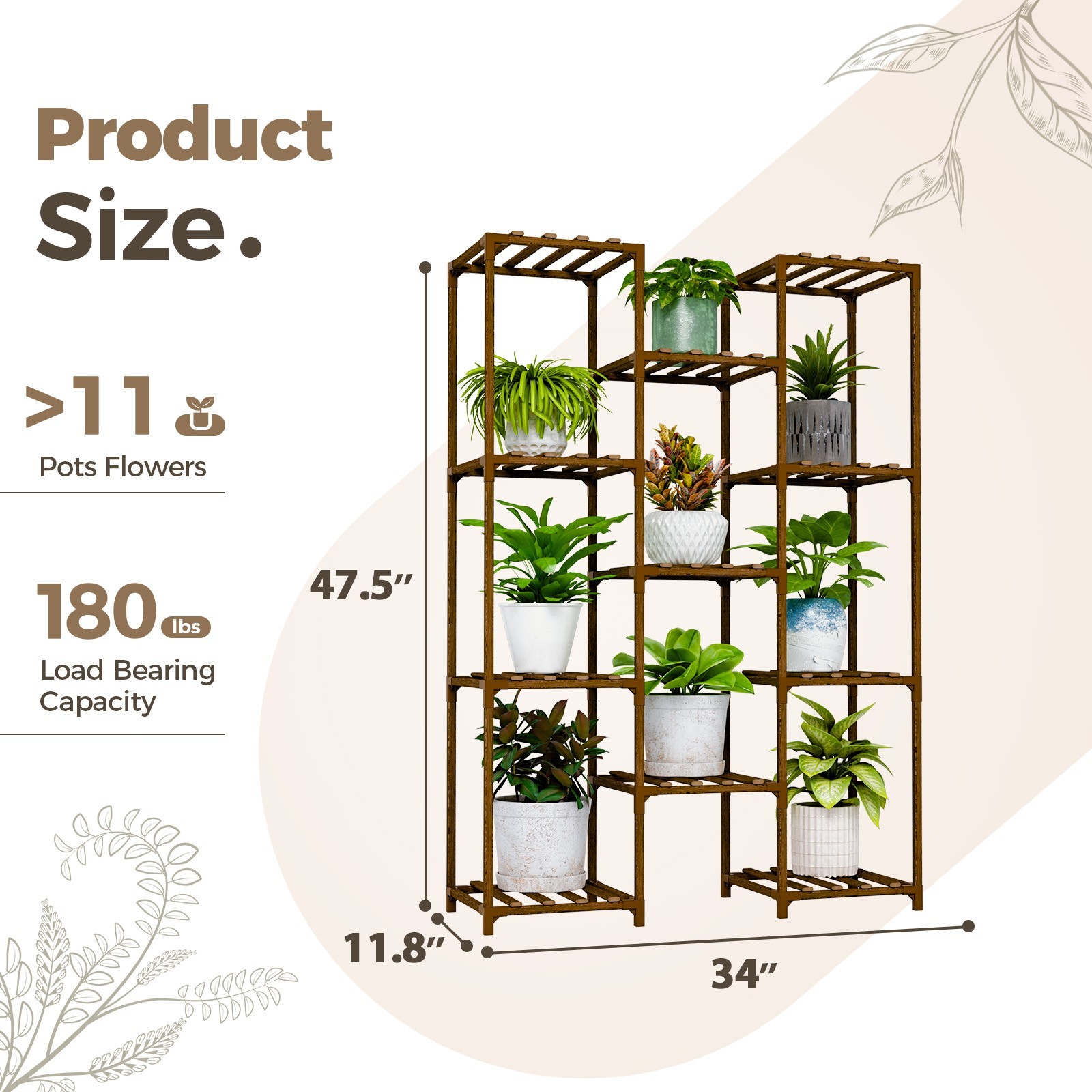 Bamworld Plant Stand Tall Plant Shelf for Multiple Plant Pots Wood Flower Stand