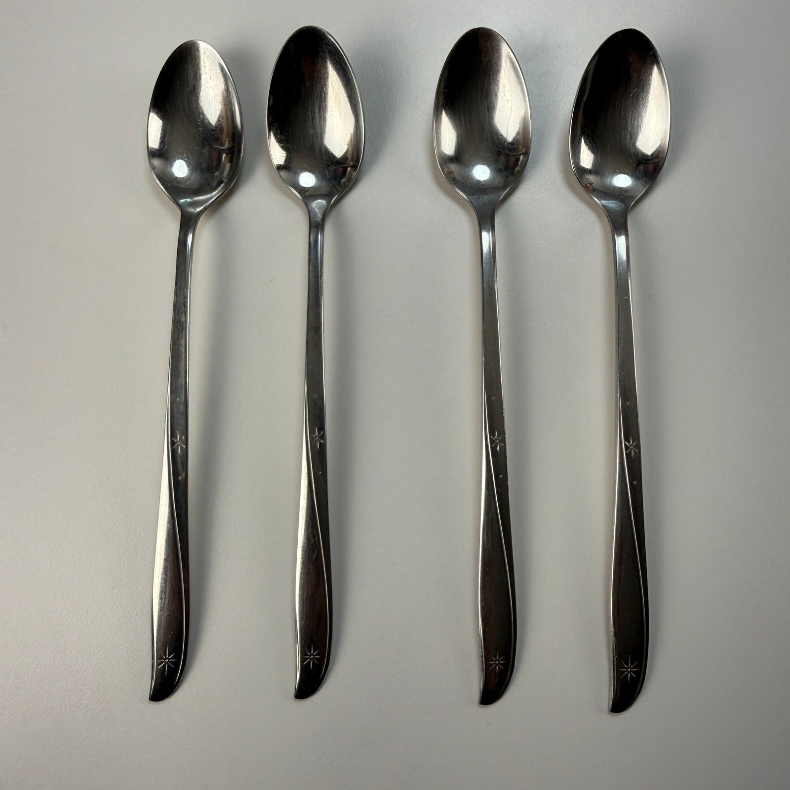 4 Iced Tea Spoons Oneida Community Twin Star Atomic Starburst MCM Stainless 7.5"