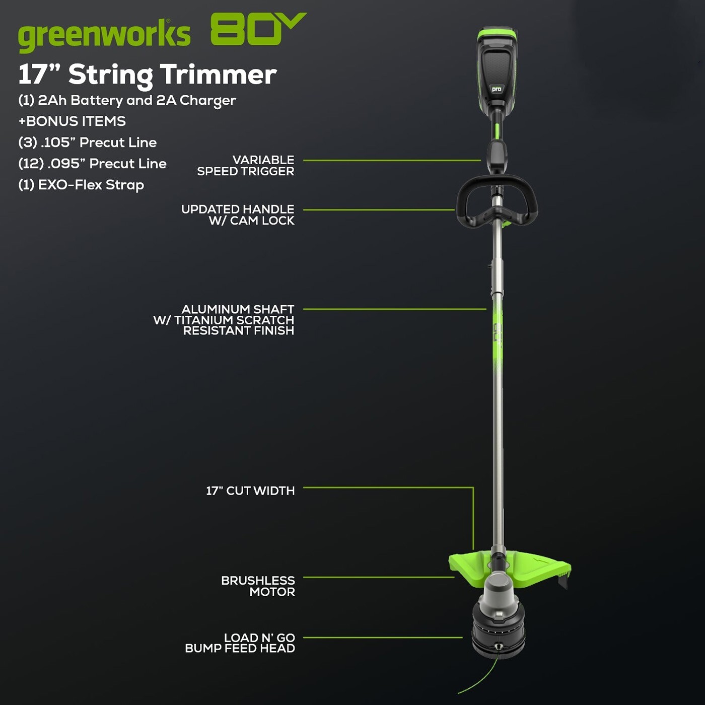 Greenworks 80V 17-inch String Trimmer (Brushless) with 2Ah Battery and Charger