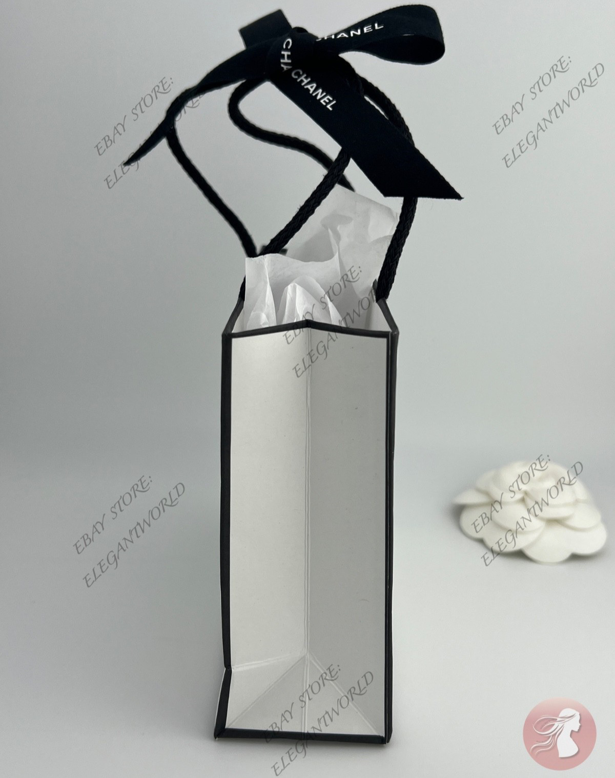 Chanel Small Empty Gift Bag White Paper Classic Black Logo L 5.5 x H 4.5 x D 2"