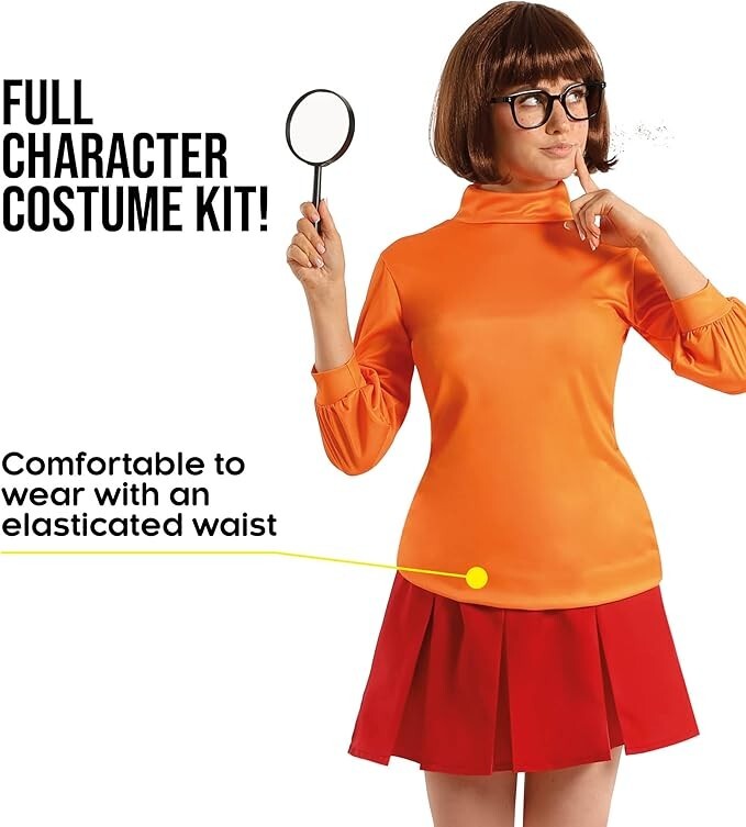 Women`s Velma Costume & Wig Orange Mystery Inc Scooby Doo Detective Dress S-3XL