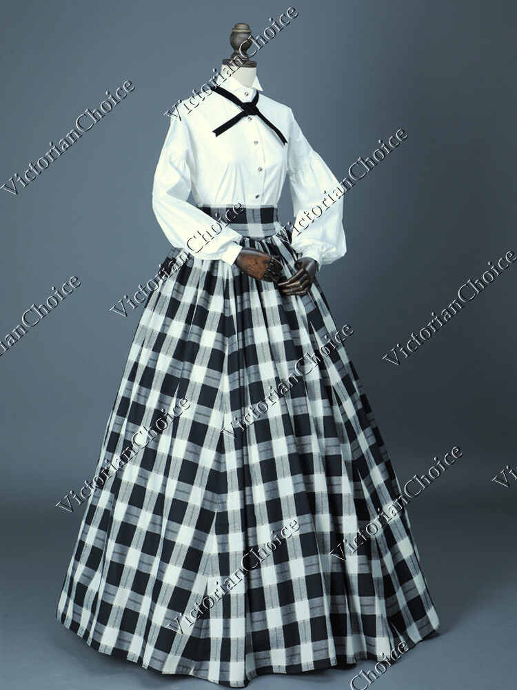Victorian Civil War Dickens Black and White Tartan Dress Theater Costume 314