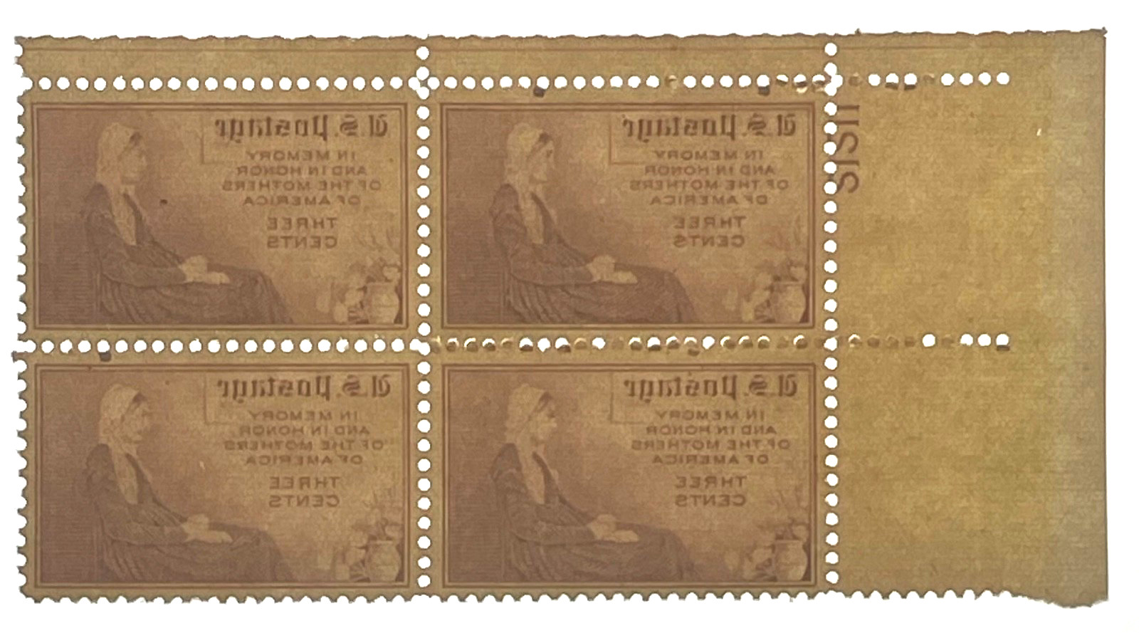 US 737 3c Mothers of America unused plate block of four never hinged 1934