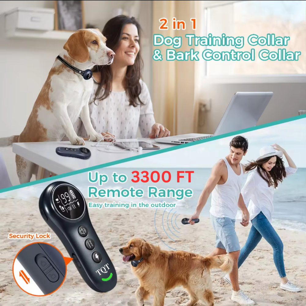 TQT 2-in-1 Dog Shock Collar and Dog Bark Collar with 3300FT Remote