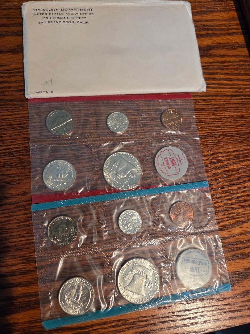 1963 P & D US Mint Set Uncirculated 10 Coins w/ 90% Silver OGP Envelope