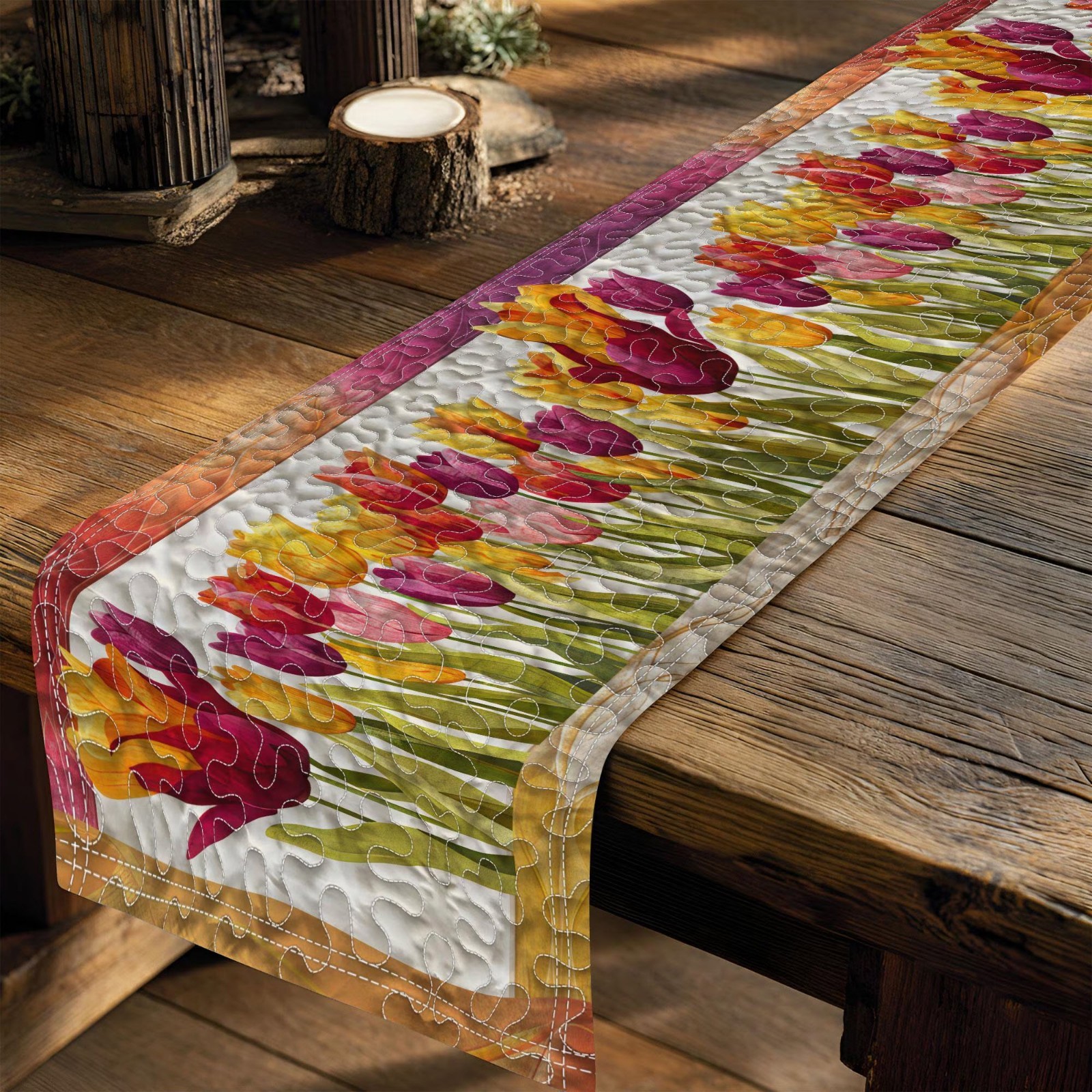 Tulips Quilted Table Runner, Pink Yellow Floral Table Runner Spring Dining Decor