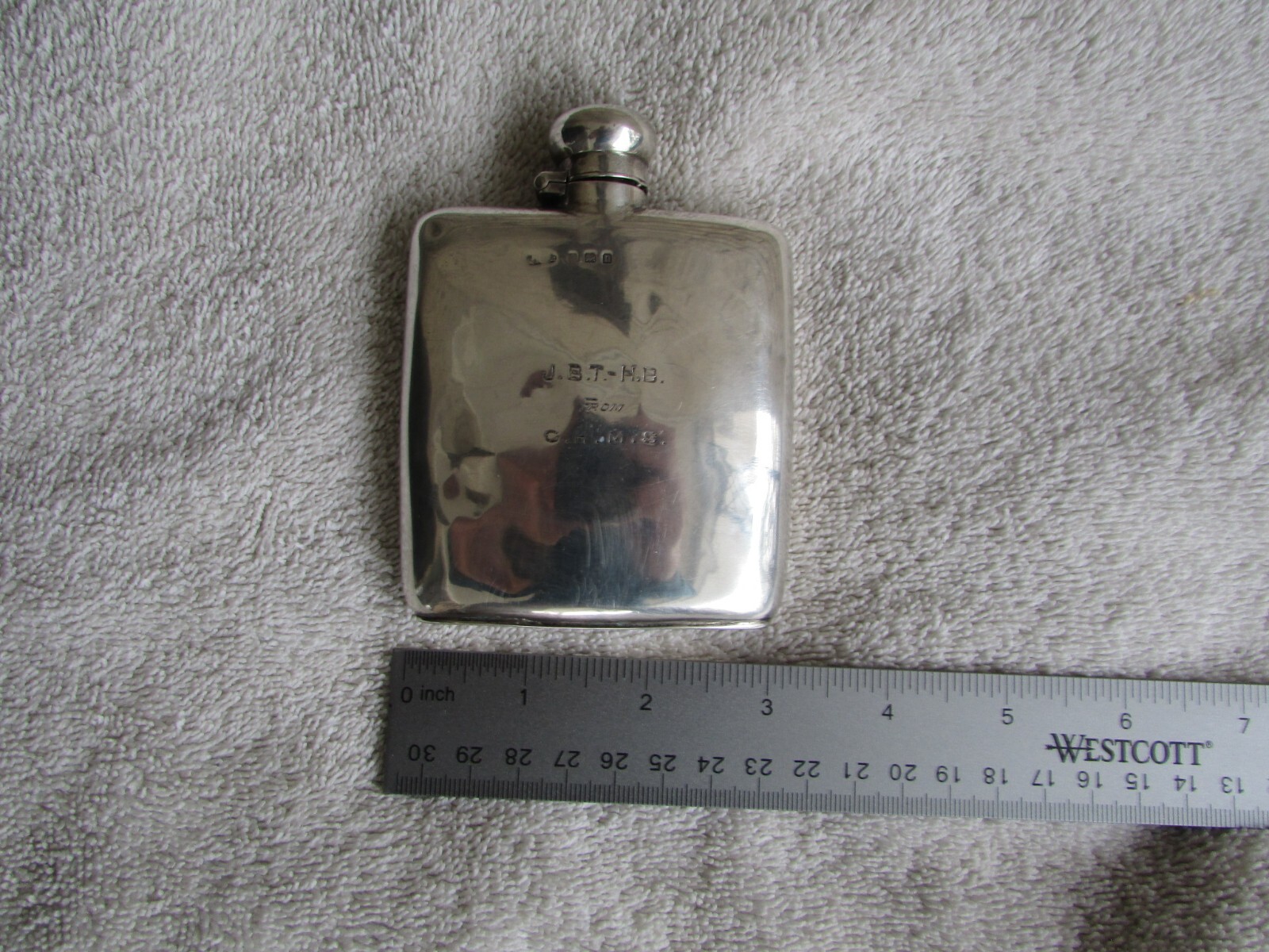 Vintage Sterling Silver 4x3 inch Hip Flask Engraved / has a Hallmark marking