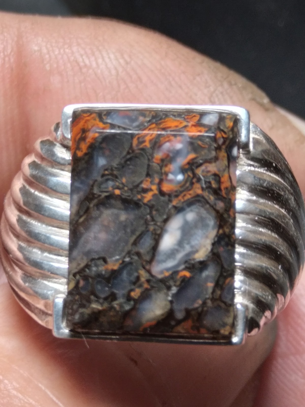 EXQUISITE COLORADO HIGHLY AGATIZED DINOSAUR BONE STERLING RING