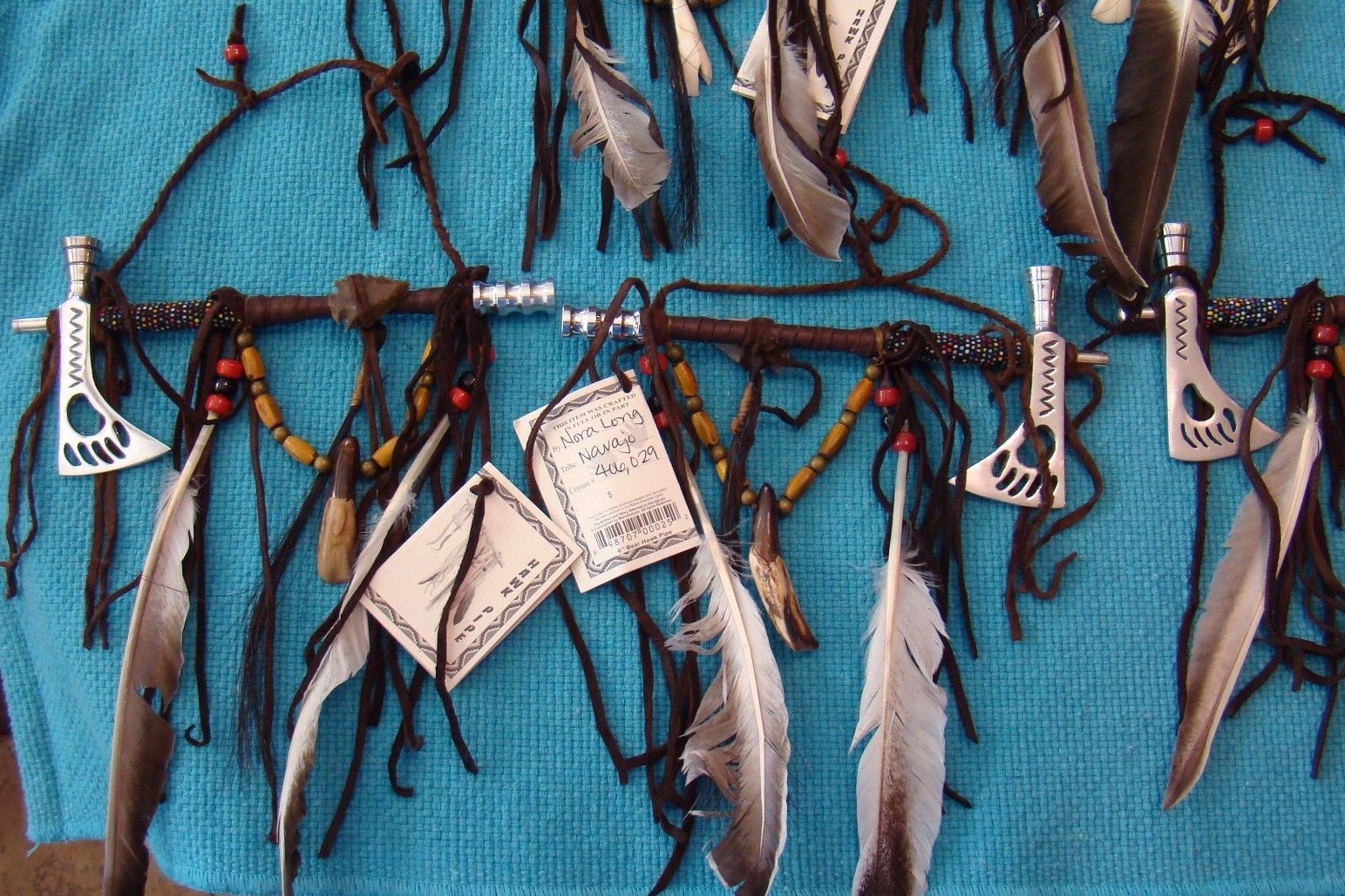 1-ONE Navajo Peace pipe 8" Long w/2 six" feathers, different color beads Works!!