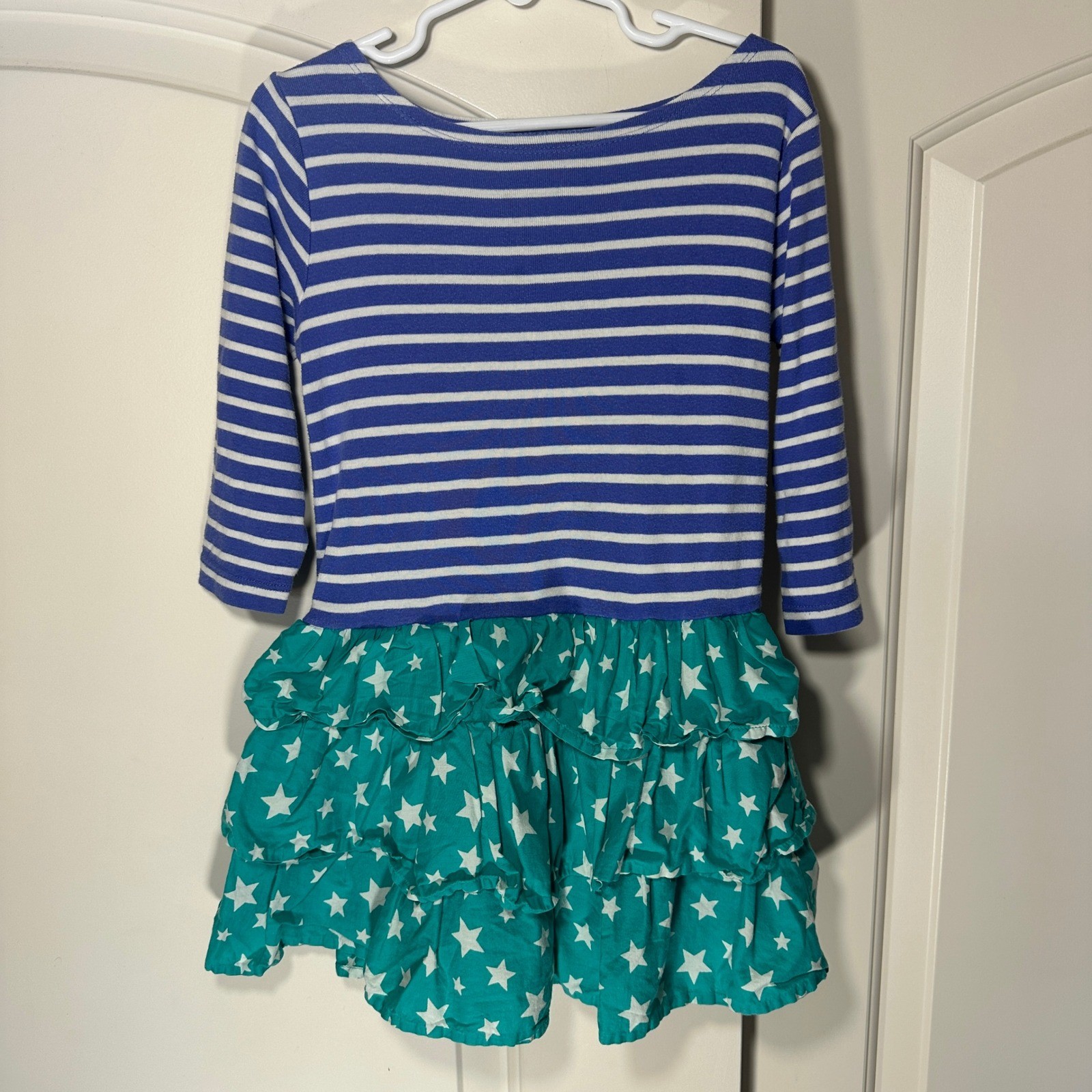 Mini Boden Dress Girls 4-5Y Blue Teal Striped Star Print Ruffle Mixed Media
