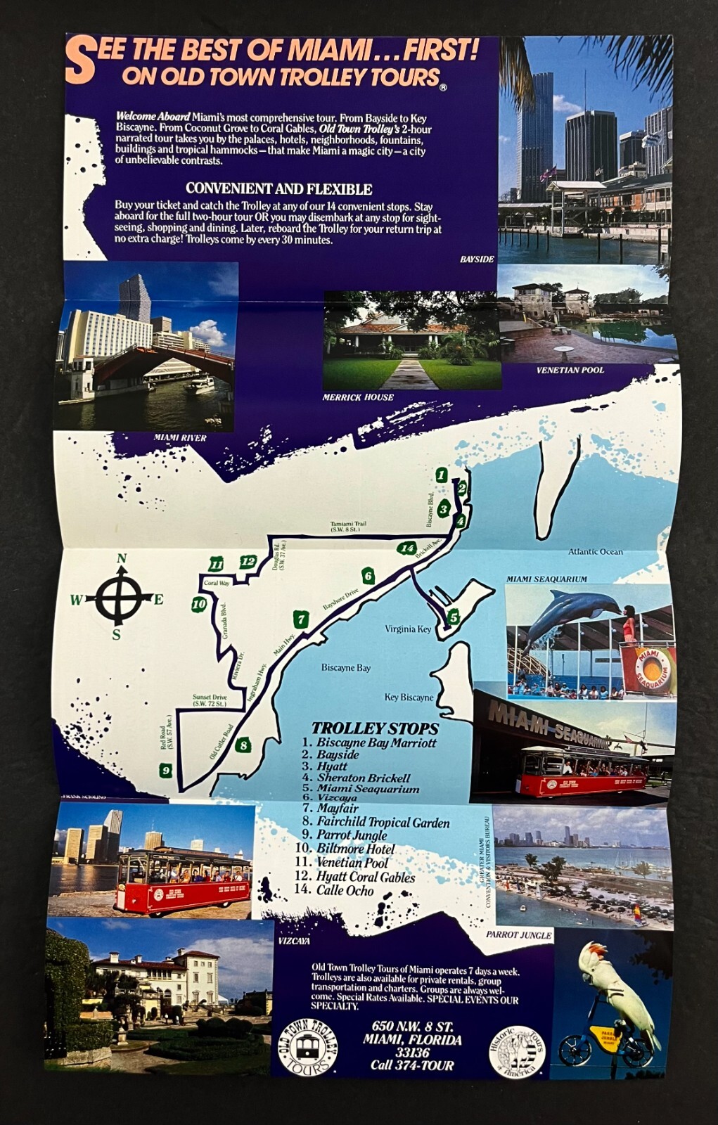 1980s Miami Florida Old Town Trolley Tourist Tours Vintage Travel Brochure Map