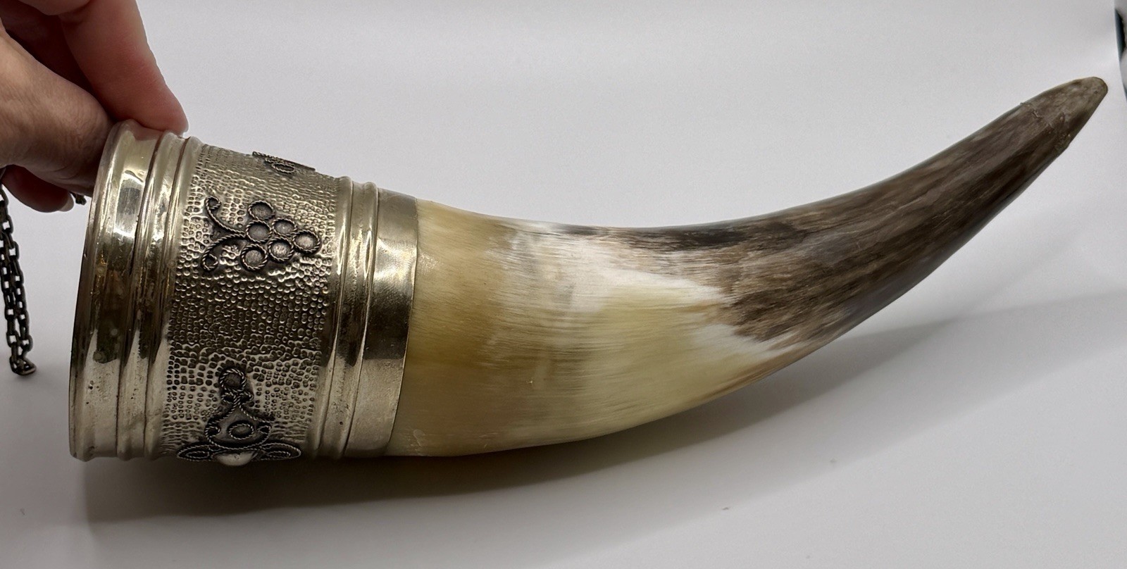 Vintage Ornate Drinking Horn with Chain Used Barware Cup