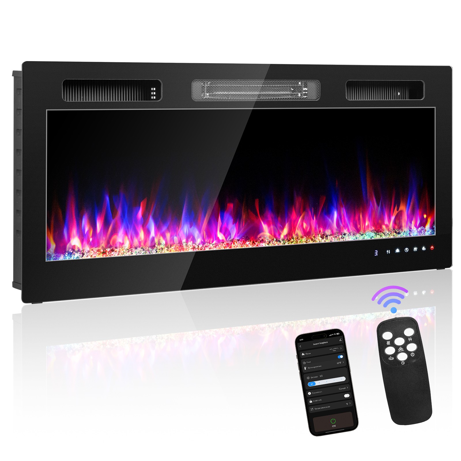 42" Ultra-Thin Electric Fireplace Wall Mounted&Recessed Heater W/ Remote Control
