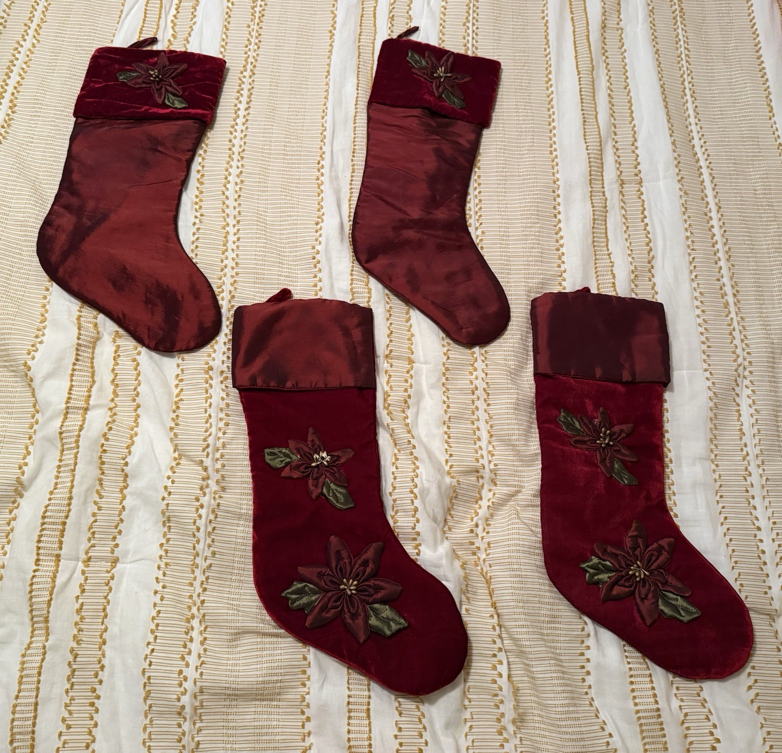 Lot Set Of 4 Vintage Christmas Stockings Burgundy Poinsettias Satin Velvet