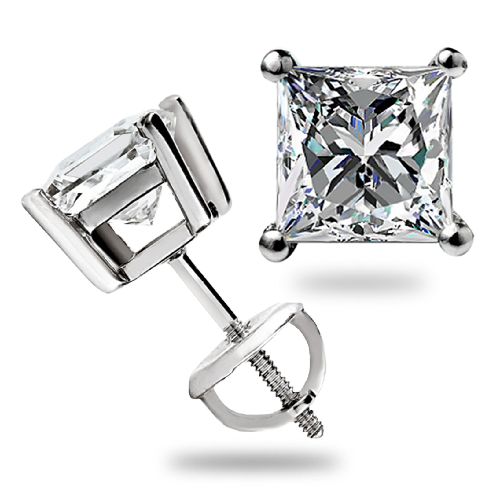 3 Ct Princess Cut GRA Moissanite Stud Earrings 14K Solid White Gold 6.5mm New