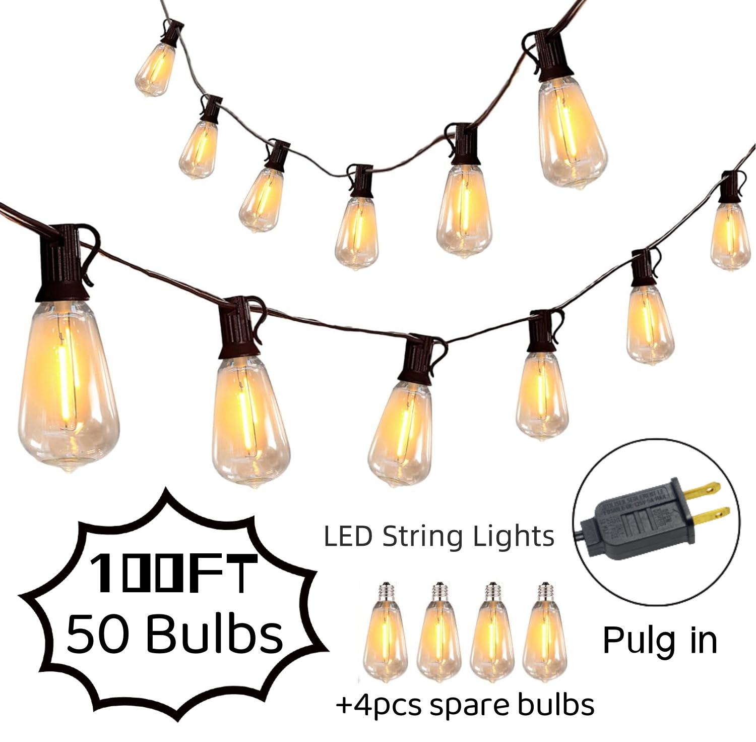 LED Outdoor String Lights, ST38 LED Patio Lights with E12 Edison Vintage Bulbs