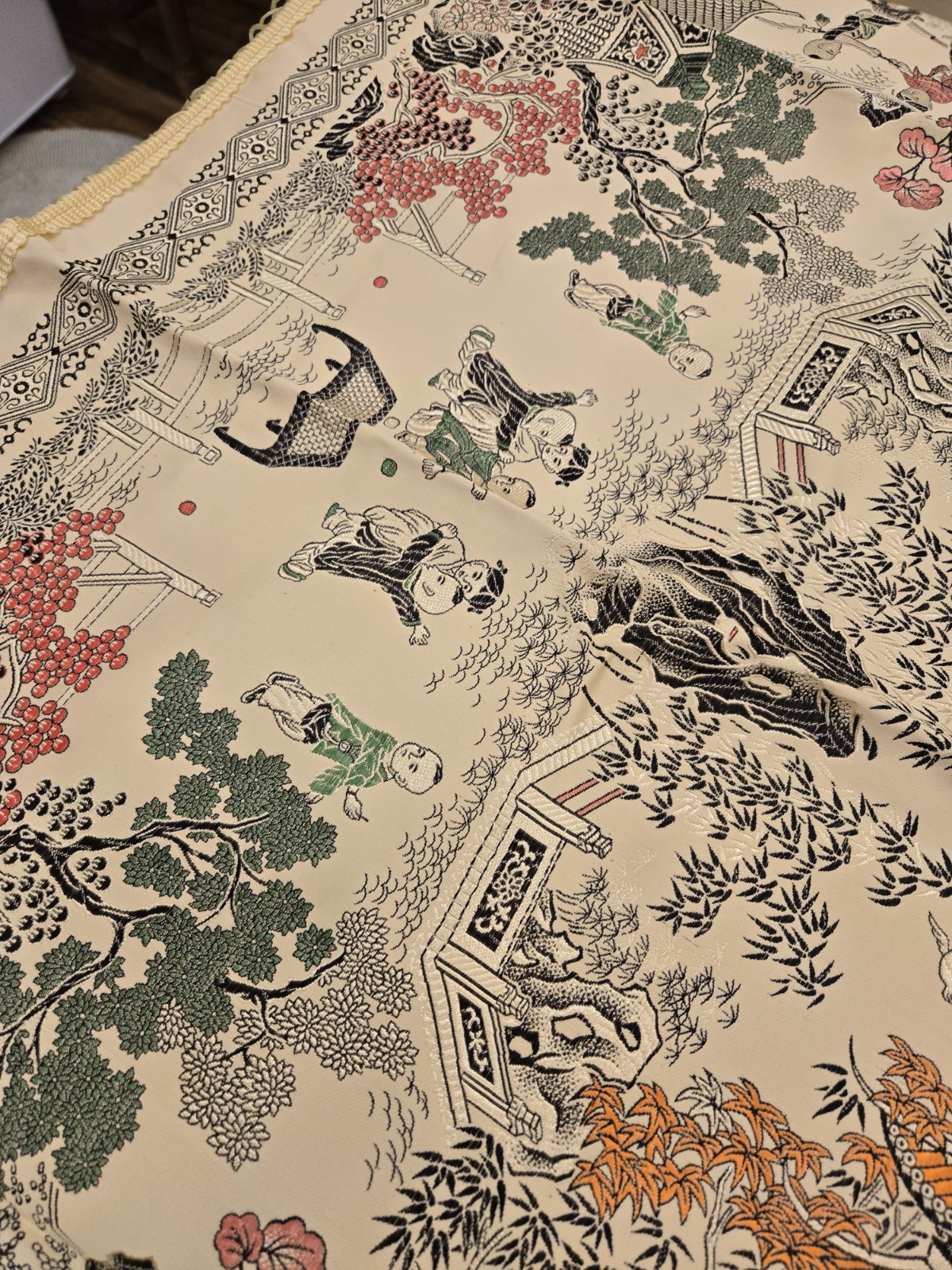 VTG NOS Brocaded Chinese Silk Tapestry Tablecloth 38" x 38" Late 70's-Early 80's