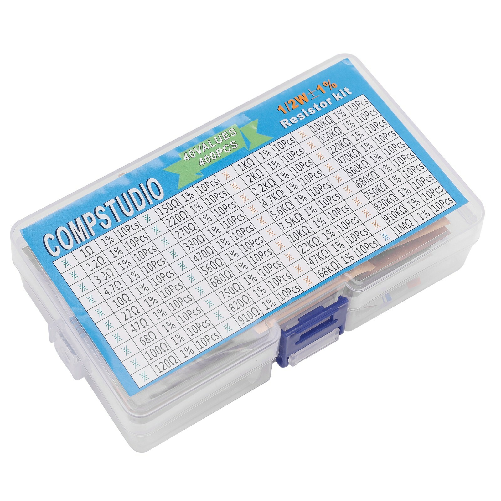 400Pcs 40 Values 1% 1/2W Resistor Kit 0 Ohm-1M Ohm Metal Film Resistors Kit