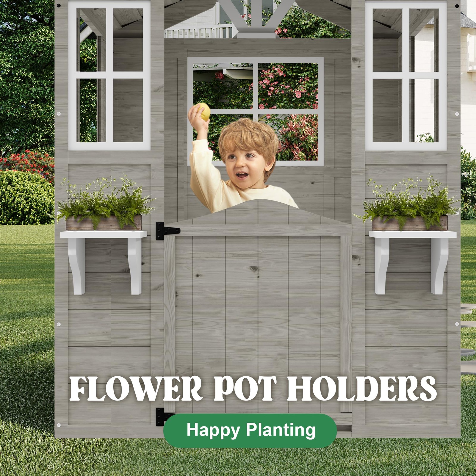 Cedar Wooden Kids Playhouse with Play Kitchen, Outdoor Toddler Cottage Backyard