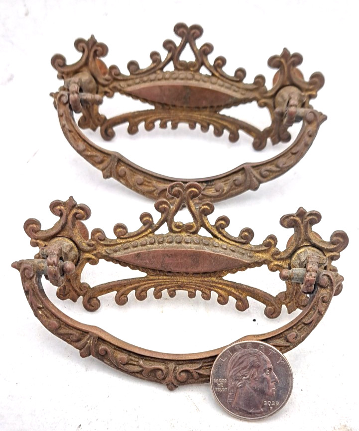 Antique Handles Hardware Furniture Vintage Drawer Pulls Old Brass Pair