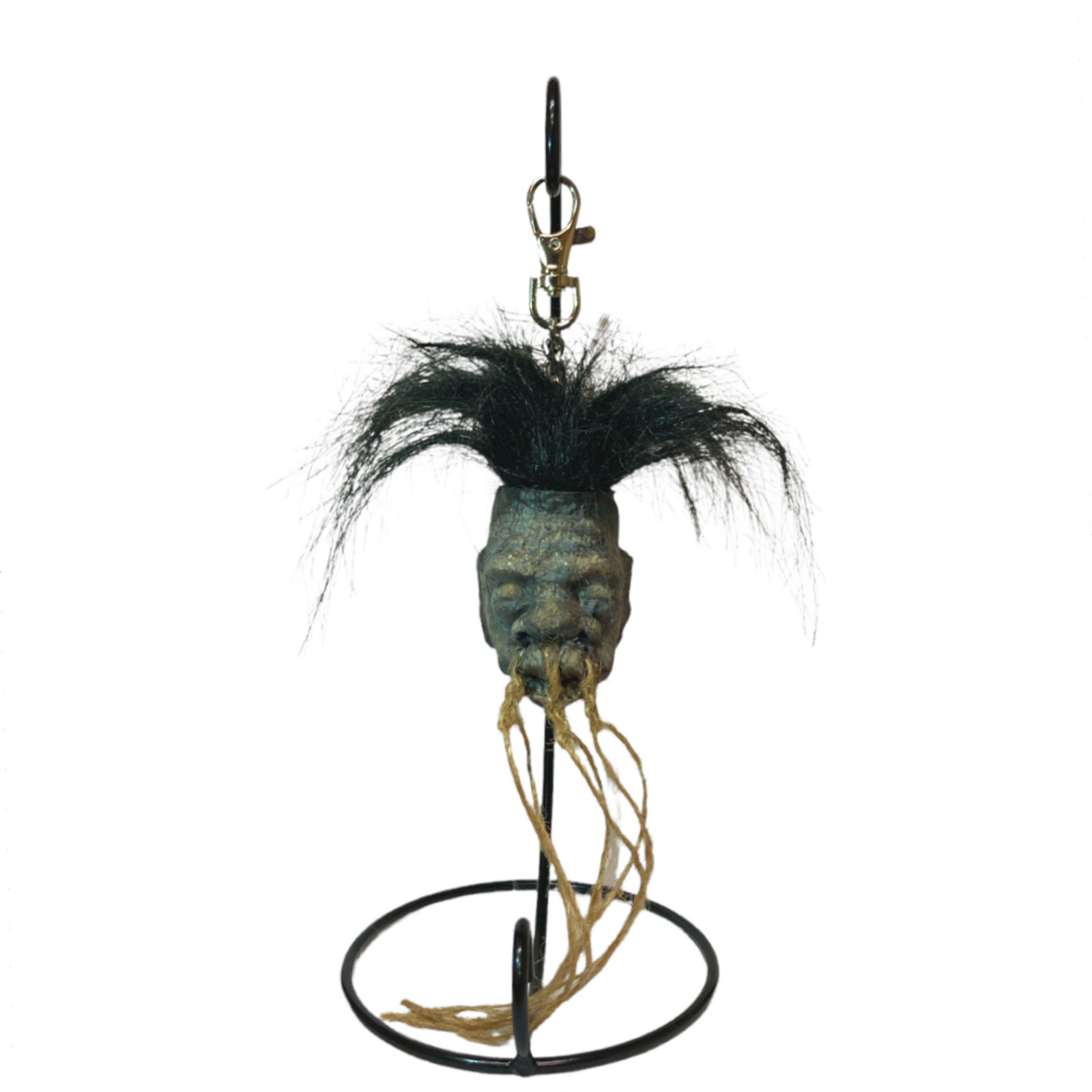 Small Shrunken Head with Hair Metal Stand Oddity Magic Ritual Voodoo Witchcraft