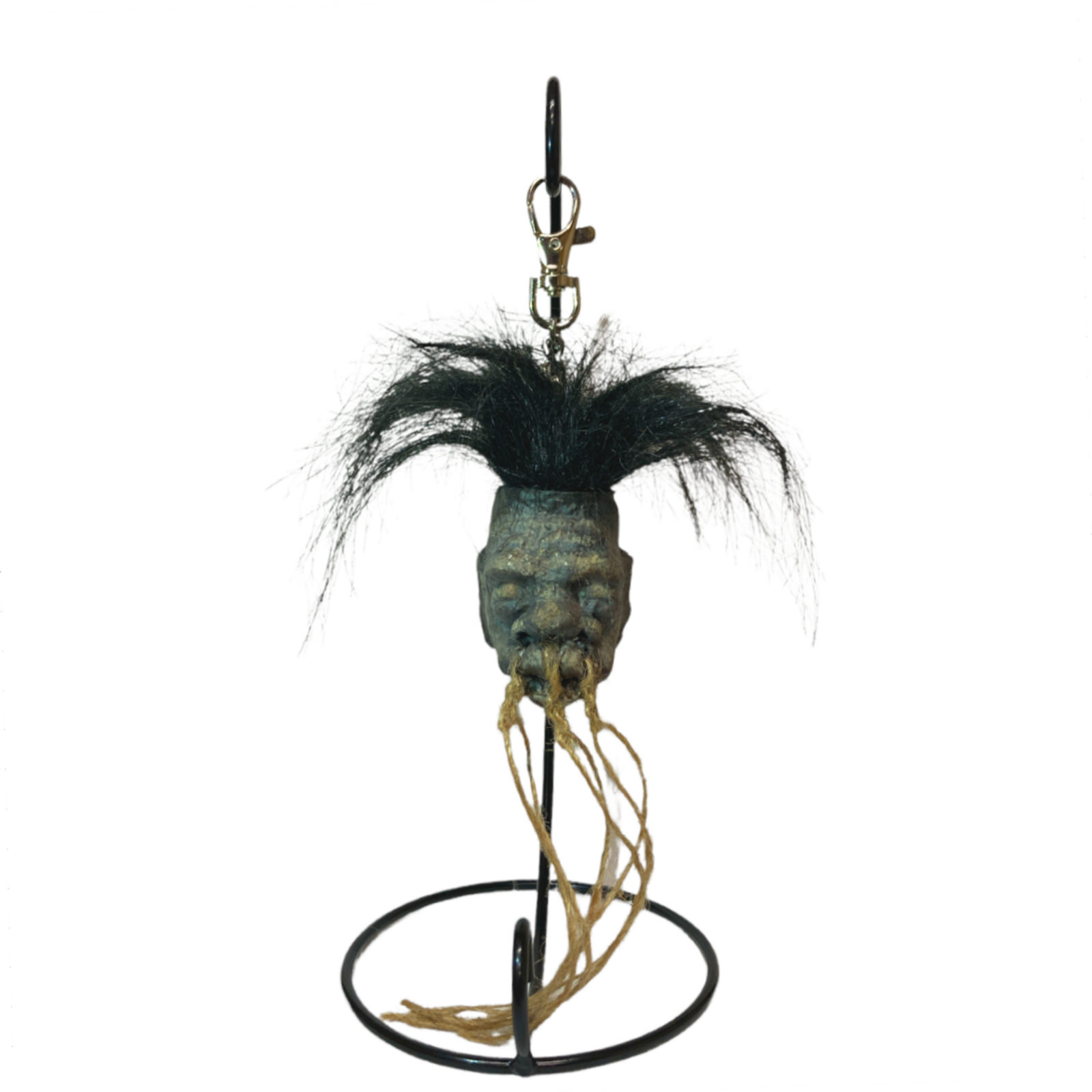 Small Shrunken Head with Hair Metal Stand Oddity Magic Ritual Voodoo Witchcraft