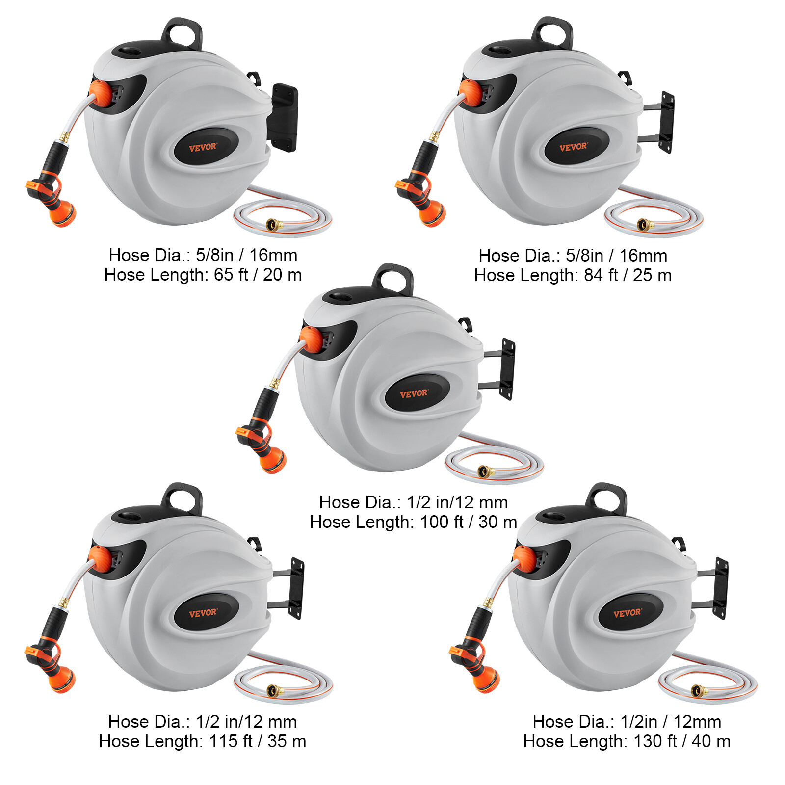 VEVOR Retractable Hose Reel Water Hose Reel 180° Swivel Wall-Mounted for Garden