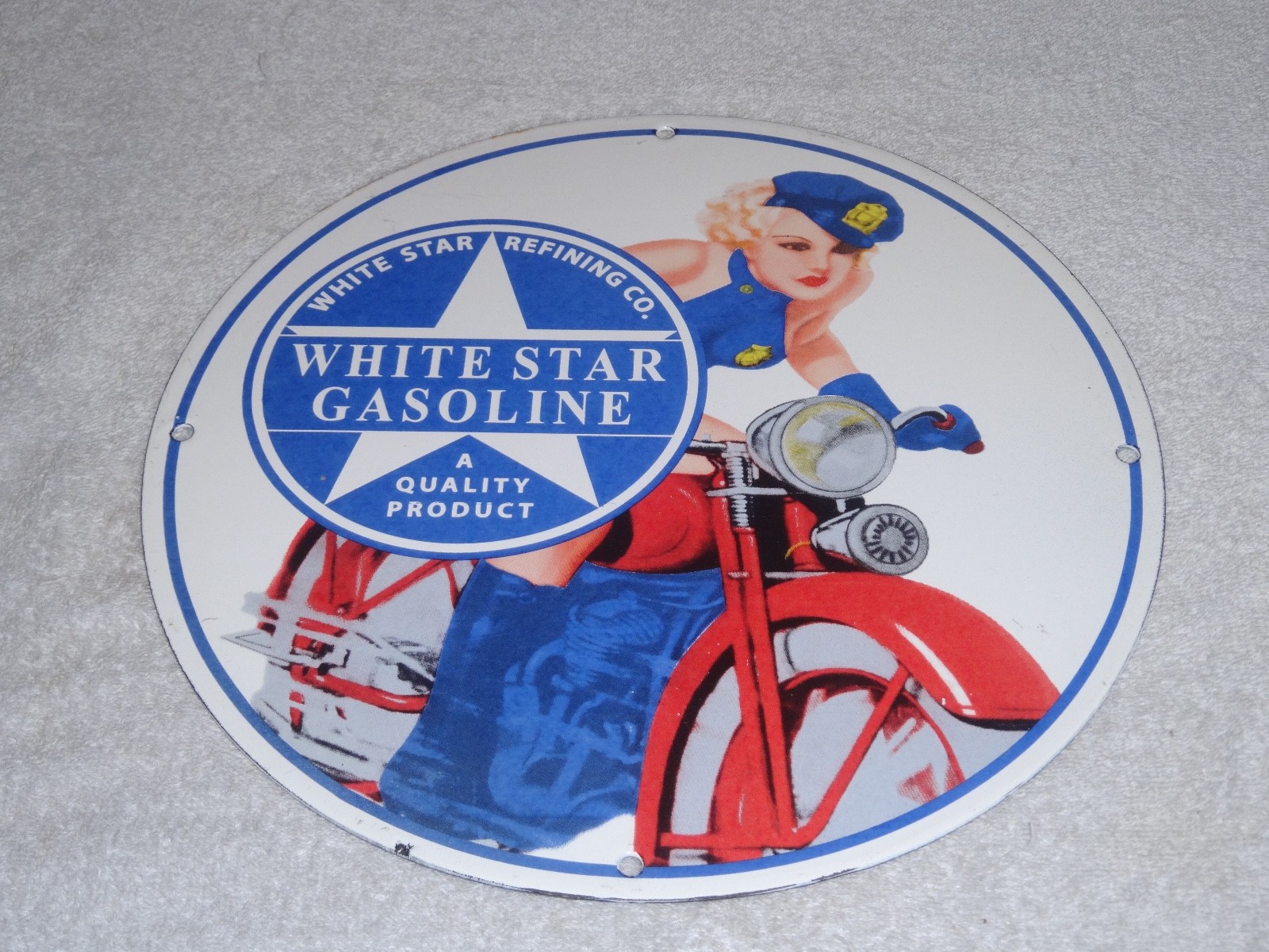 VINTAGE WHITE STAR GASOLINE "WOMAN ON MOTORCYCLE" 12" PORCELAIN METAL MOBIL SIGN