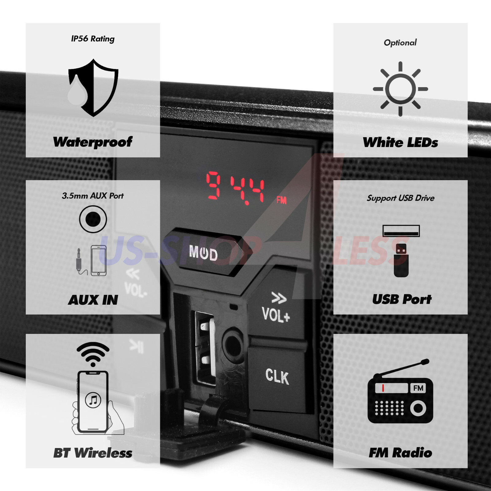 Waterproof Bluetooth Stereo Speaker Audio System MP3 USB AUX FM Radio Yamaha ATV