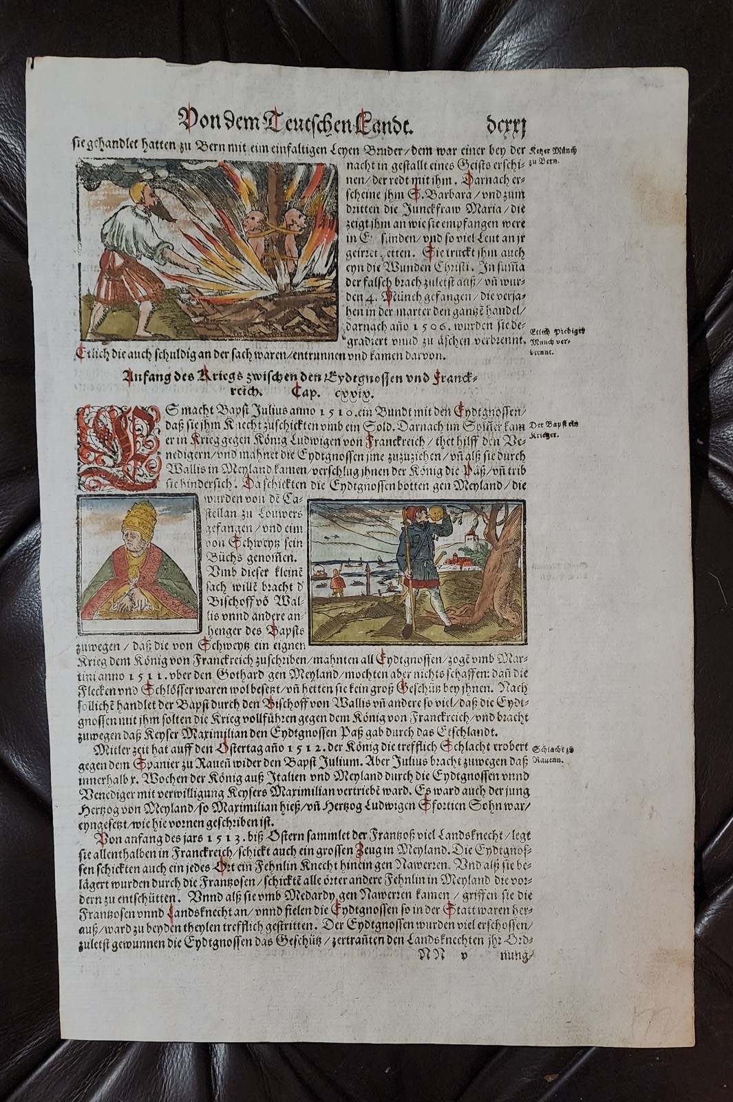 1588 German Manuscript Book Page Hand Colored War Burned At Stake 1500s Ephemera
