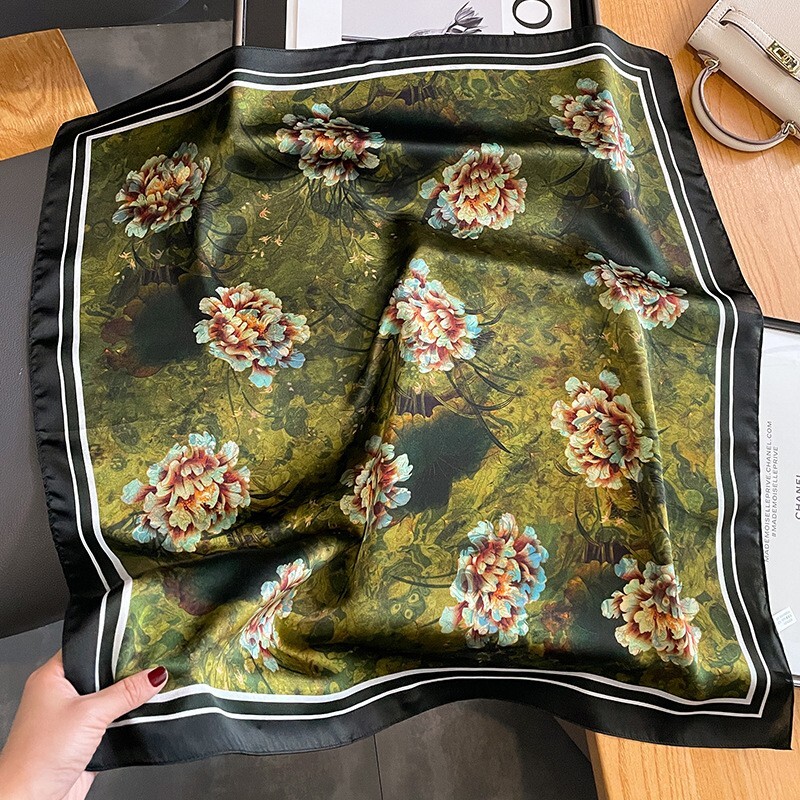 100% Silk Scarf Women Vintage Dark Green Flower Kerchief Headscarf Tied 68*68cm