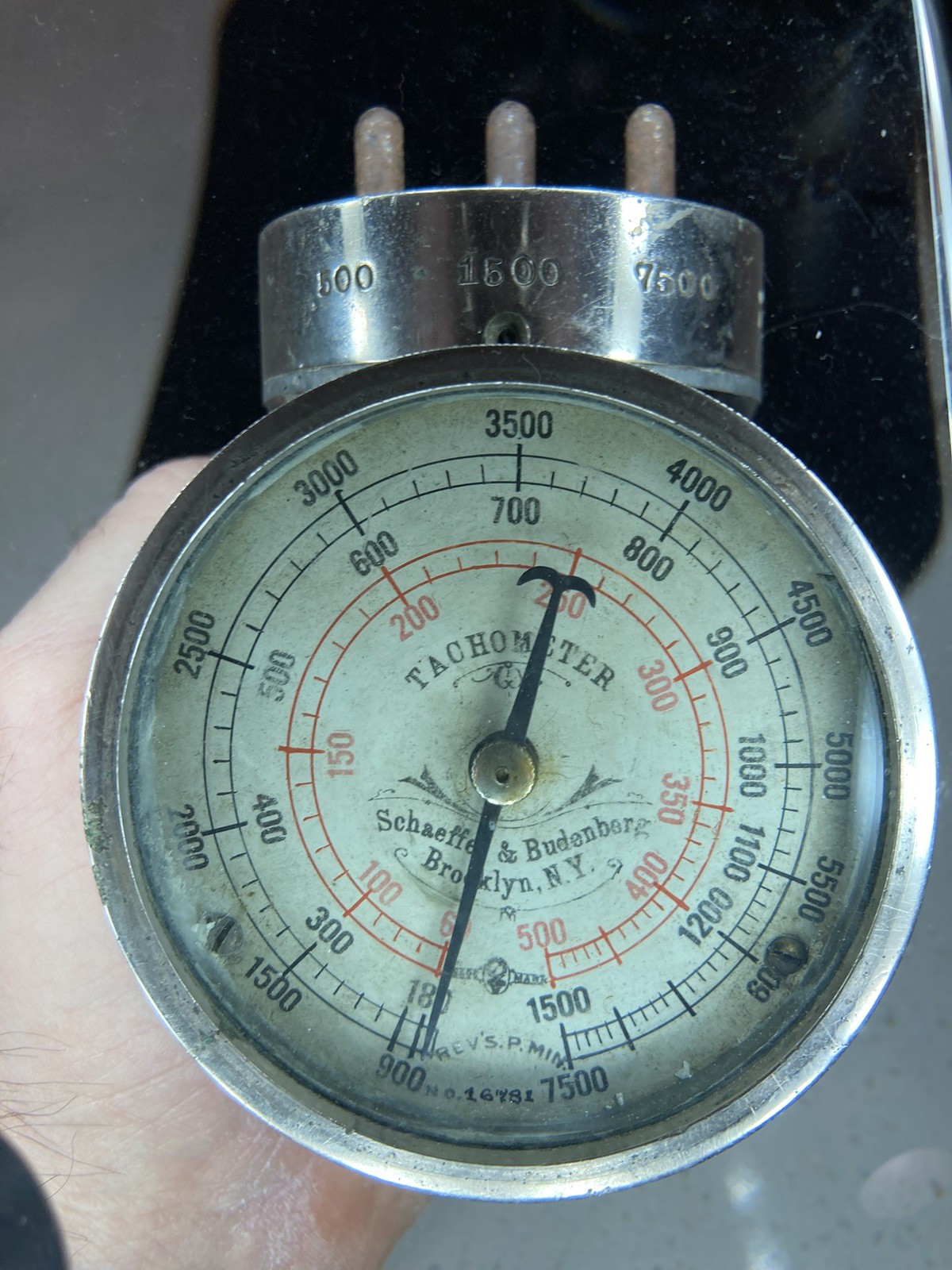 ANTIQUE SCHAEFFER BUDENBERG GAUGE TACHOMETER REVOLUTION COUNTER RR, 7500 RPM’s!