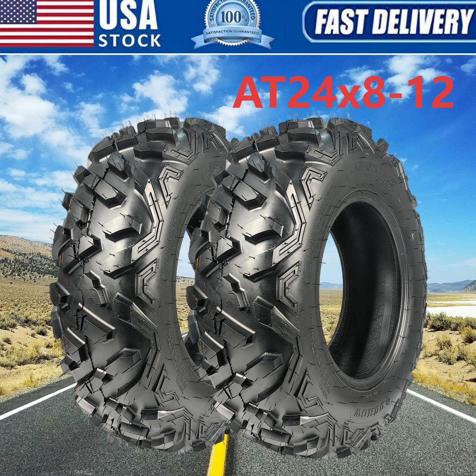 2 Pack 24x8-12 ATV Tires 6Ply 24x8x12 UTV Tires 24 8 12 All Terrain Heavy Duty
