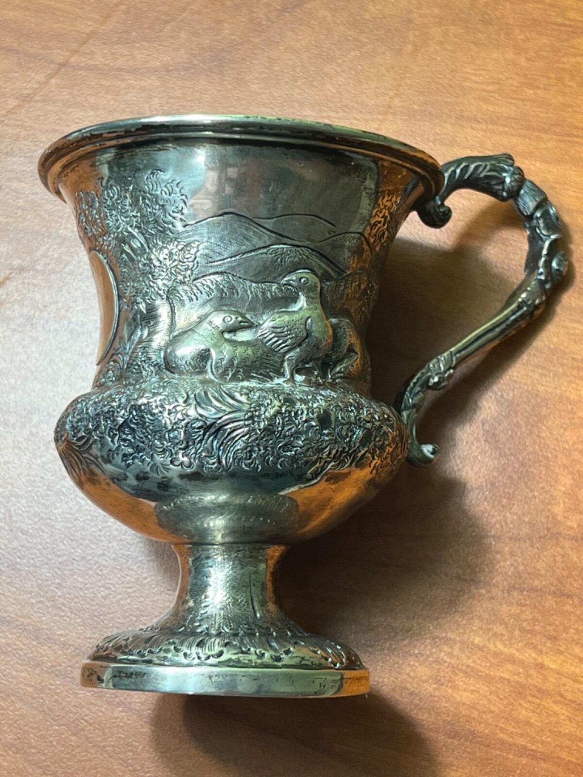 1837 English Sterling Silver Christening cup mug hunting pheasants bird repousse