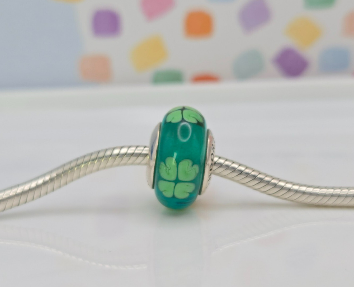 Authentic Pandora Green Lucky Clover Murano Silver Bead glass moments Charm