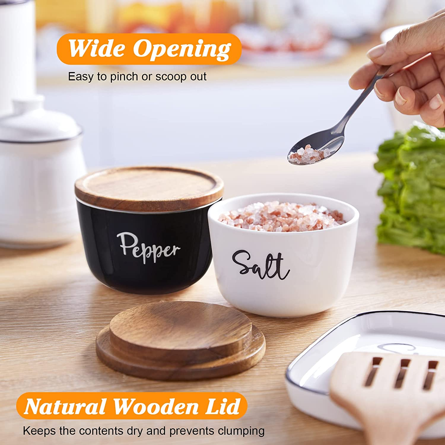 Salt and Pepper Bowls 10 Oz Salt Cellar with Wood Lid New Ceramic Set of 2 Bowls